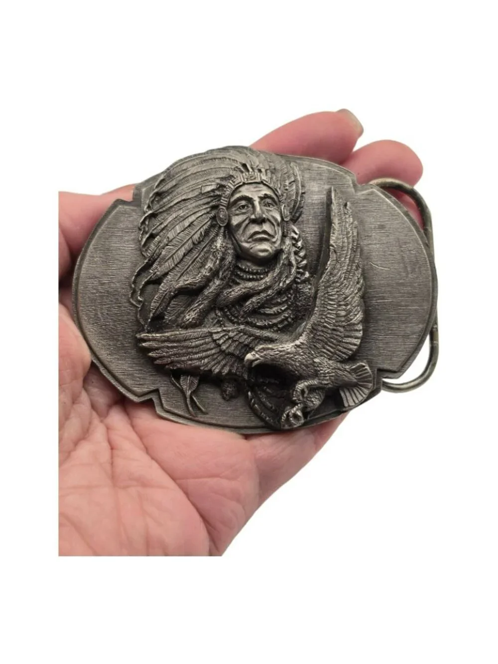 Siskiyou 1989 Indian Chief Eagle Belt Buckle Vintage Western Style Pewter USA